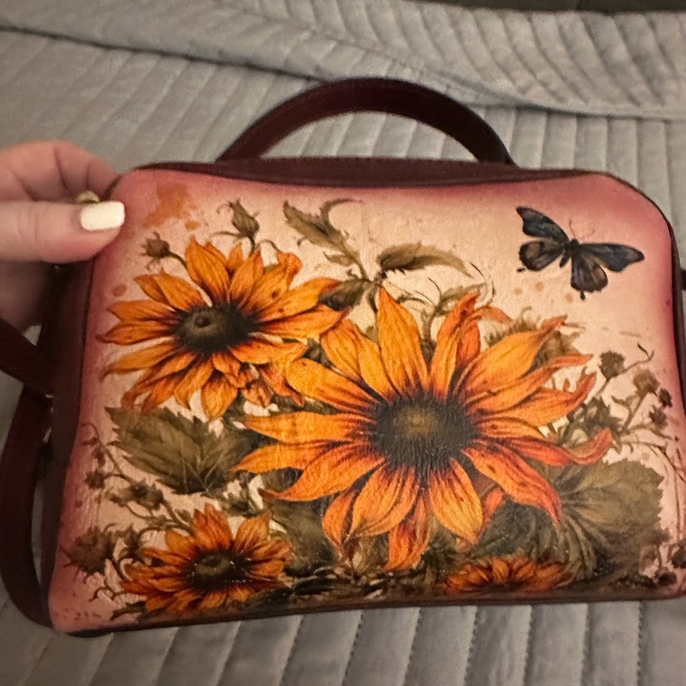 Cross Body, handbag, sunflowers, butterfly, burgundy